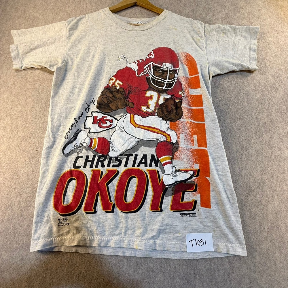 Vintage Christian Okoye Kansas City Chiefs NFL Shirt Fan Sportswear Grey Medium